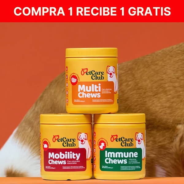 A clean, studio-lit 1:1 image displaying three different pet supplement tubs stacked as a pyramid against a solid orange background, highlighting a BOGO offer.